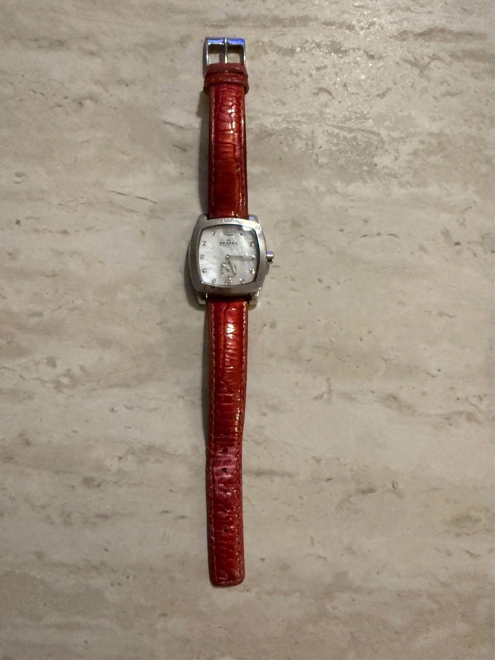 SKAGEN Silver Tone Red Strap Mother Of Pearl Dial Sub Seconds 30mm Women’s Watch